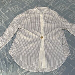 SHEIN White Striped Blouse with Gold Button
